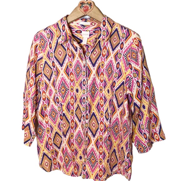 Chico’s Ikat Linen Button-Back Shirt No Iron 1/M - Picture 5 of 12